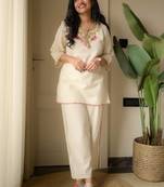 Floral embroidered round neck pure cotton co-ord set