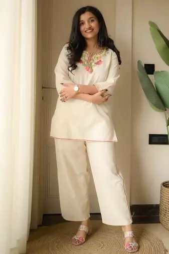 Floral embroidered round neck  cotton co-ord set
