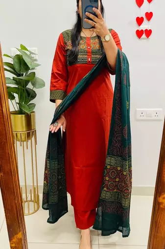 Floral embroidered round neck pure cotton kurta trosuer & dupatta set