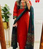 Floral embroidered round neck pure cotton kurta trosuer & dupatta set