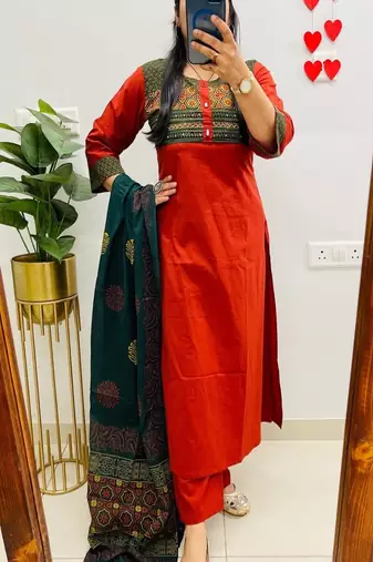 Floral embroidered round neck  cotton kurta trosuer & dupatta set