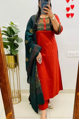 Floral embroidered round neck  cotton kurta trosuer & dupatta set