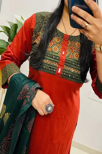 Floral embroidered round neck  cotton kurta trosuer & dupatta set
