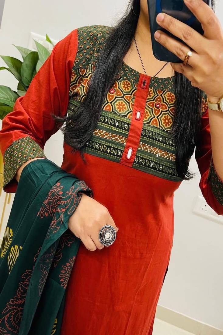 Floral embroidered round neck pure cotton kurta trosuer & dupatta set