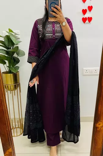 Floral embroidered round neck pure cotton kurta trosuer & dupatta set