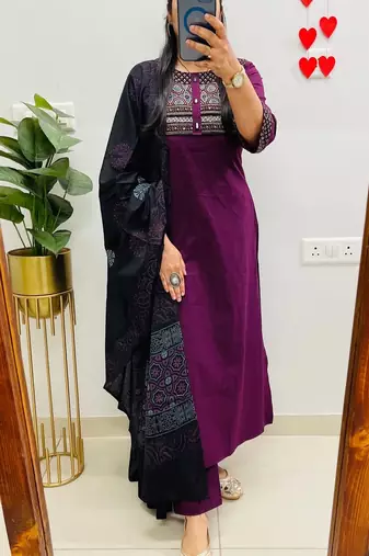 Floral embroidered round neck  cotton kurta trosuer & dupatta set