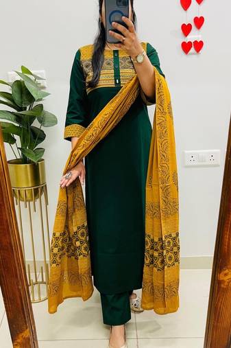 Floral embroidered round neck pure cotton kurta trosuer & dupatta set