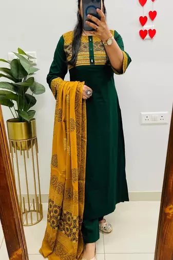 Floral embroidered round neck  cotton kurta trosuer & dupatta set
