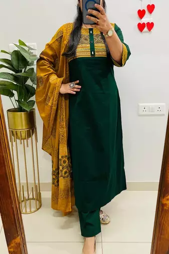 Floral embroidered round neck  cotton kurta trosuer & dupatta set