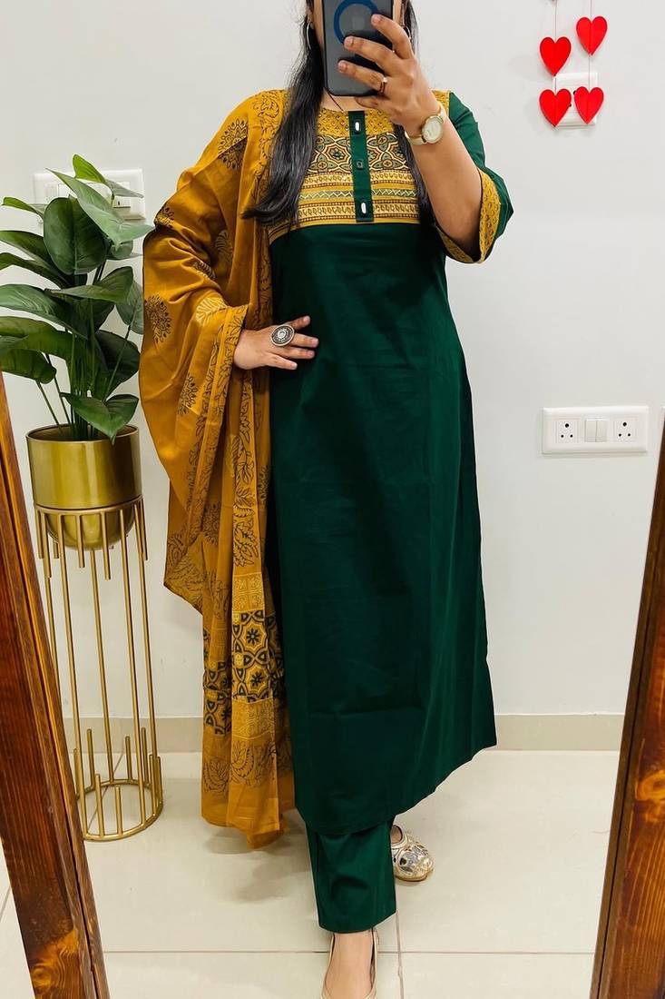 Floral embroidered round neck pure cotton kurta trosuer & dupatta set