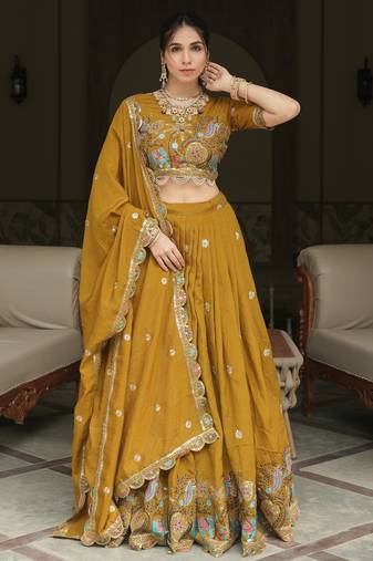 Mustard Color Embroidery Thread Work NC Vichitraa Premium Fully Stitched Lehenga Sets