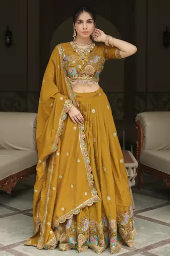 Mustard Color Embroidery Thread Work NC Vichitraa Premium Fully Stitched Lehenga Sets