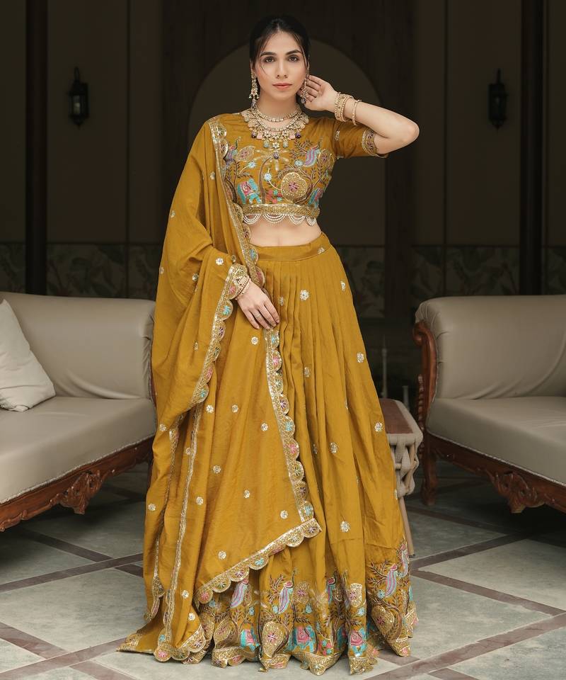 Mustard Color Embroidery Thread Work NC Vichitraa Premium Fully Stitched Lehenga Sets