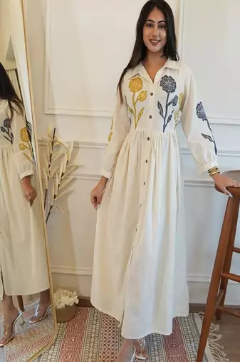 Floral embroidered collar neck pure cotton dress