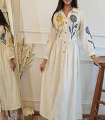 Floral embroidered collar neck pure cotton dress