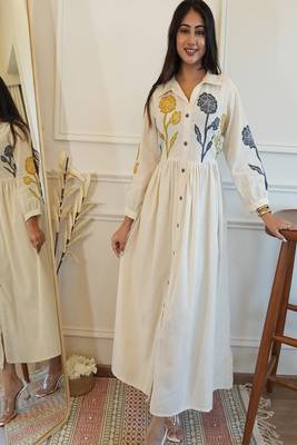 Floral embroidered collar neck  cotton dress 2