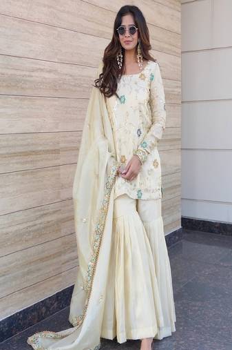 Floral embroidered round neck chinon kurta sharara & dupatta set