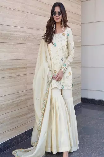 Floral embroidered round neck chinon kurta sharara & dupatta set