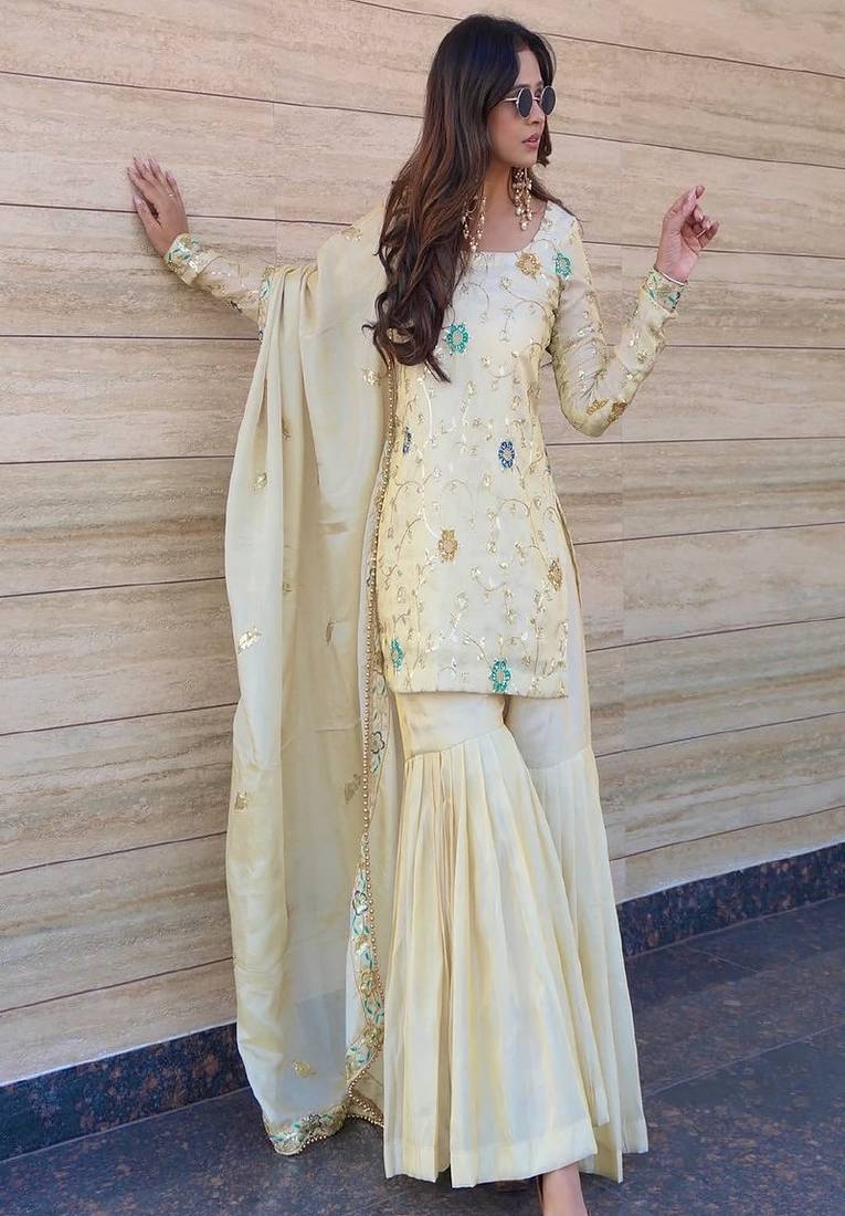 Floral embroidered round neck chinon kurta sharara & dupatta set