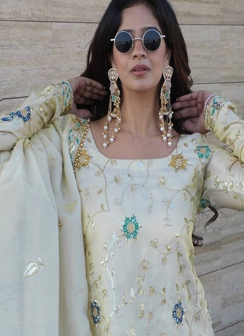 Floral embroidered round neck chinon kurta sharara & dupatta set