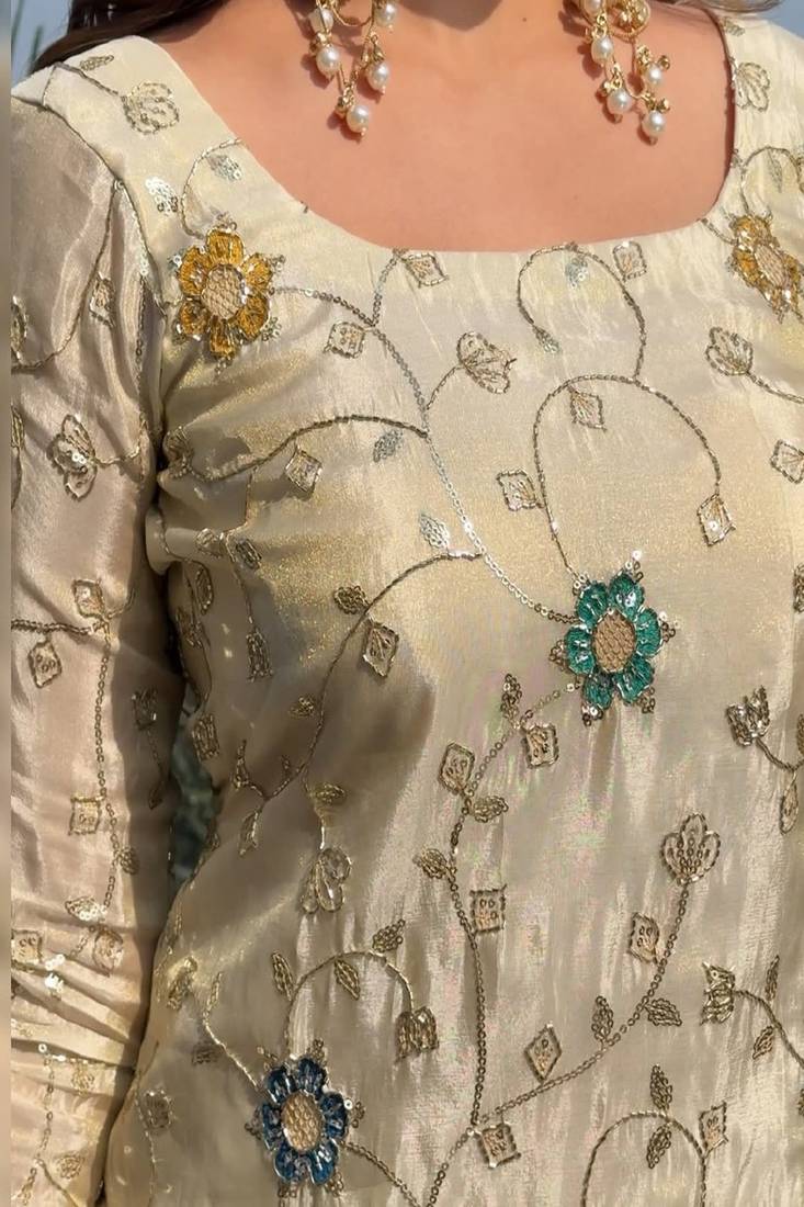 Floral embroidered round neck chinon kurta sharara & dupatta set