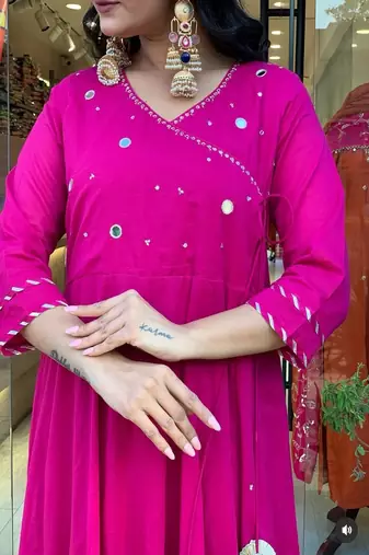 Floral embroidered v neck  cotton kurta trosuer & dupatta set