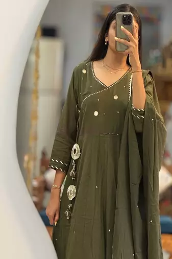 Floral embroidered v neck  cotton kurta trosuer & dupatta set