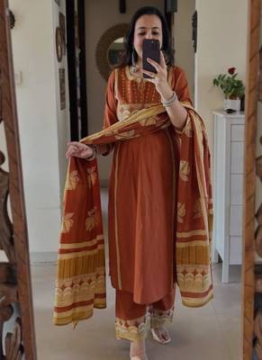 Floral embroidered round neck  cotton kurta trosuer & dupatta set 1