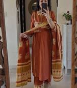 Floral embroidered round neck pure cotton kurta trosuer & dupatta set