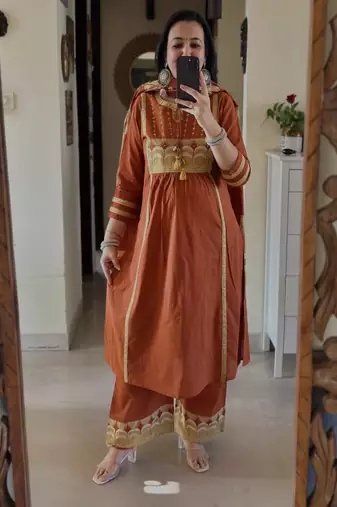 Floral embroidered round neck  cotton kurta trosuer & dupatta set