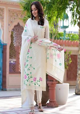 Floral embroidered v neck  cotton kurta trosuer & dupatta set 1