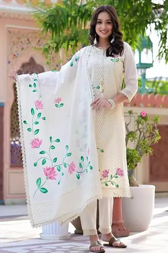 Floral embroidered v neck  cotton kurta trosuer & dupatta set