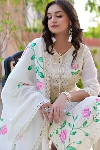 Floral embroidered v neck  cotton kurta trosuer & dupatta set
