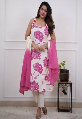 Floral embroidered round neck  cotton kurta trosuer & dupatta set 1