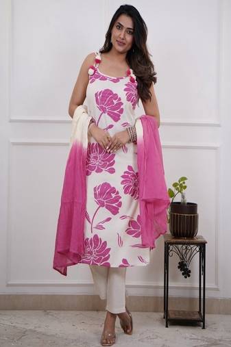 Floral embroidered round neck pure cotton kurta trosuer & dupatta set
