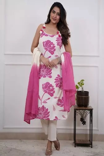 Floral embroidered round neck pure cotton kurta trosuer & dupatta set
