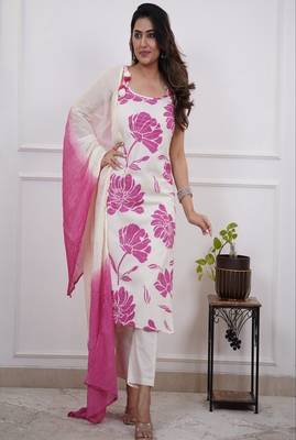 Floral embroidered round neck  cotton kurta trosuer & dupatta set 2
