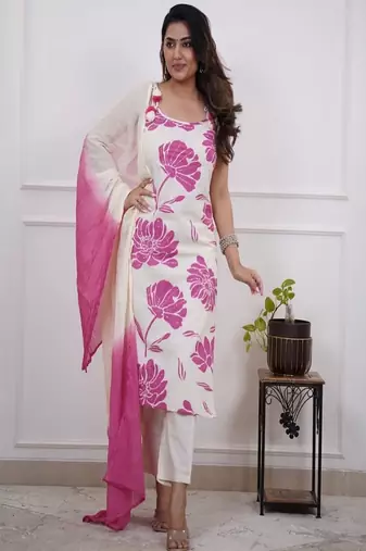 Floral embroidered round neck  cotton kurta trosuer & dupatta set