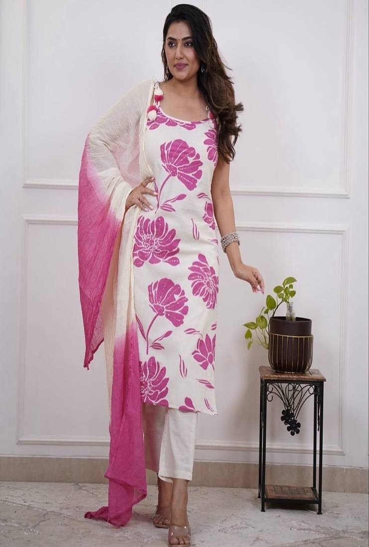 Floral embroidered round neck pure cotton kurta trosuer & dupatta set