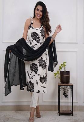 Floral embroidered round neck  cotton kurta trosuer & dupatta set 1