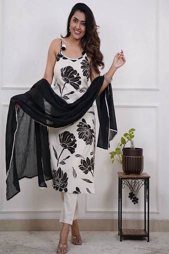 Floral embroidered round neck pure cotton kurta trosuer & dupatta set