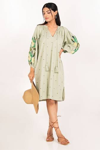 Zanzibar dress green embroidered linen mini dress