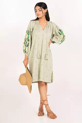 Zanzibar dress green embroidered linen mini dress