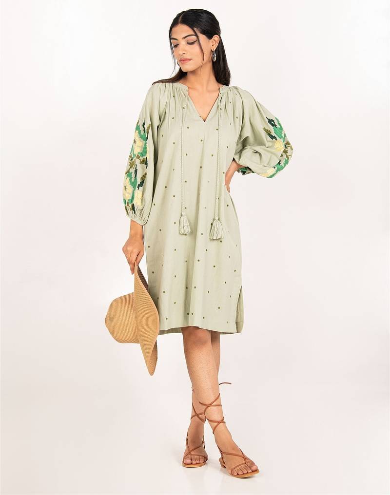 Zanzibar dress green embroidered linen mini dress