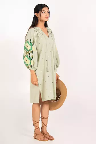 Zanzibar dress green embroidered linen mini dress
