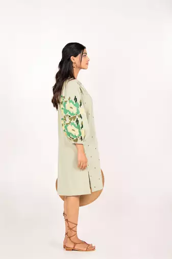 Zanzibar dress green embroidered linen mini dress