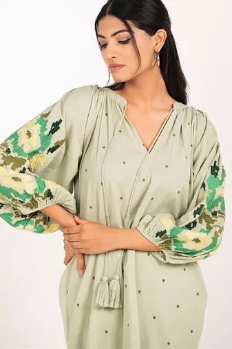 Zanzibar dress green embroidered linen mini dress