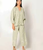 Sydney set green embroidered linen coord set