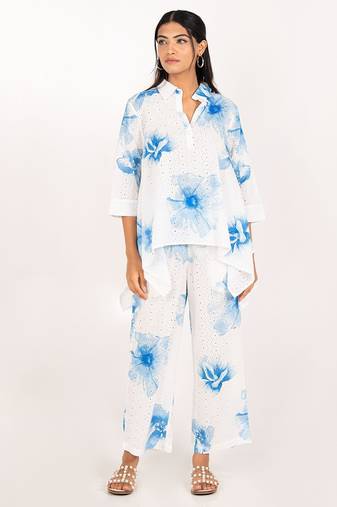 Rhodes set blue printed pure cotton schiffli coord set
