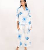 Rhodes set blue printed pure cotton schiffli coord set